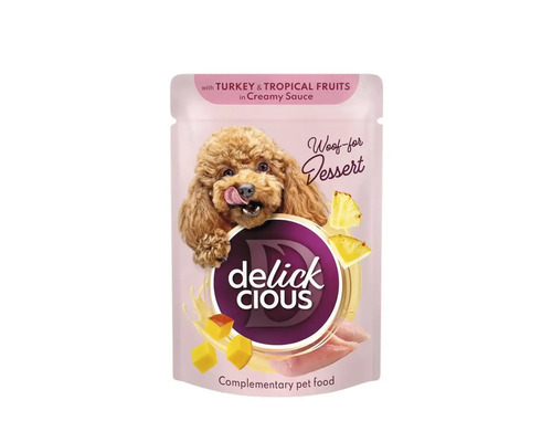 Delick Cious desert pentru câini cu curcan și fructe tropicale în sos cremos