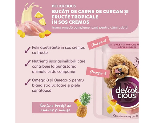 Delickcious hrană umedă pentru câini cu curcan și fructe tropicale