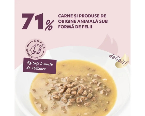 Hrană pentru pisici cu 71% carne și produse secundare de origine animală