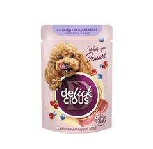Delick Cious Woof-for Dessert hrană complementară pentru câini cu miel și fructe de pădure într-un sos cremos