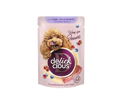 Delick Cious Woof-for Dessert hrană complementară pentru câini cu miel și fructe de pădure într-un sos cremos