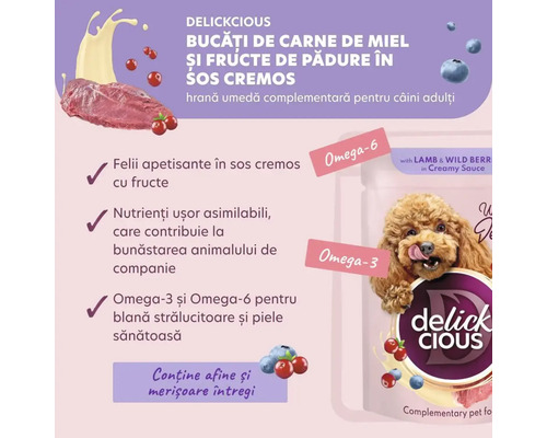 Delickcious hrană umedă pentru câini cu miel și fructe de pădure