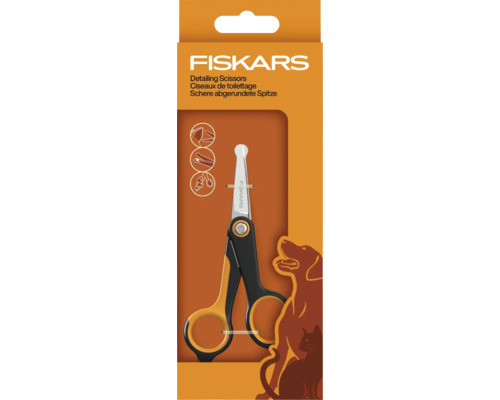 Foarfece de detaliu Fiskars pentru îngrijirea animalelor, cu vârf rotunjit, în ambalaj