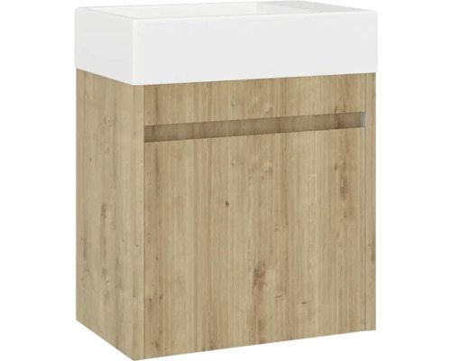 Dulap de bază pentru lavoar cu structură din lemn și lavoar alb aplicat