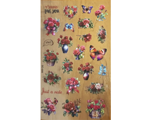 Foaie de autocolante cu trandafiri, fluturi și inscripții