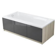 Cadă de baie dreptunghiulară cu trei panouri frontale gri și un panou lateral cu aspect de lemn