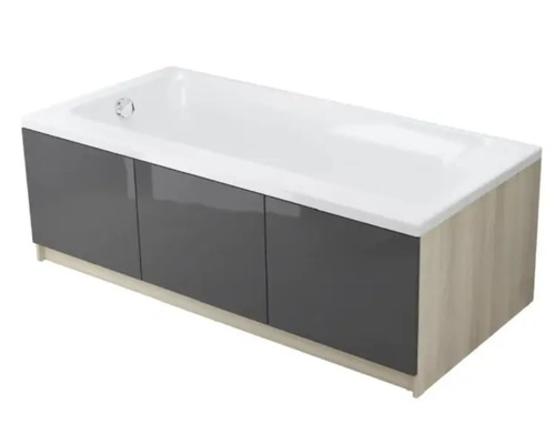 Cadă de baie dreptunghiulară cu trei panouri frontale gri și un panou lateral cu aspect de lemn