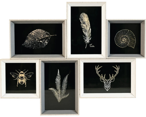 Decorațiune de perete cu motive din natură: frunză, pană, cochilie de melc, albină, ferigă, coarne de cerb