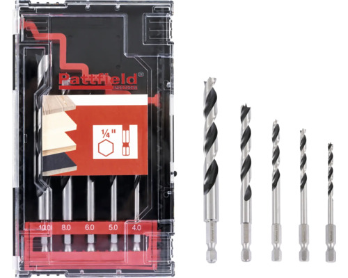 Set burghie lemn cu diferite dimensiuni în cutie de plastic