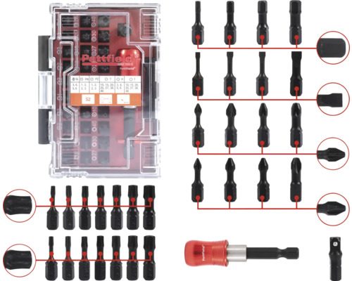 Set de biți cu suport de biți Pattfield S2, 32 piese Logo Pattfield Set de biți cu diverse vârfuri de șurubelniță și suport de biți