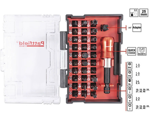 Set de biți Pattfield cu șurubelniță și diverse biți într-o cutie de depozitare transparentă