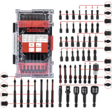 Logo Pattfield. Sortiment de biți de șurubelniță în cutie transparentă din plastic