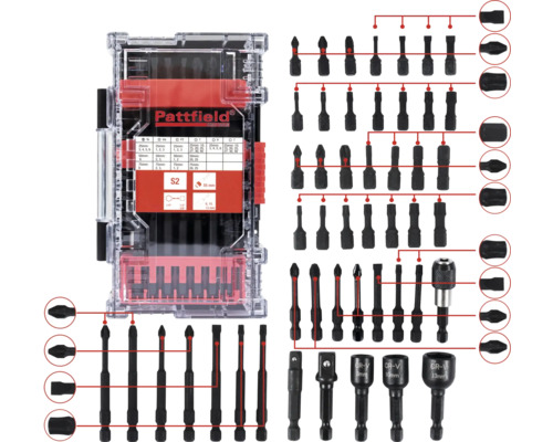 Set de biți cu Pattfield S2, 48 piese Logo Pattfield. Sortiment de biți de șurubelniță în cutie transparentă din plastic
