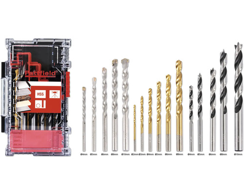 Set burghie Pattfield 2-10mm pentru lemn, metal și zidăria, 16 piese Set de burghie Pattfield cu diferite tipuri și dimensiuni de burghie într-o cutie de depozitare transparentă