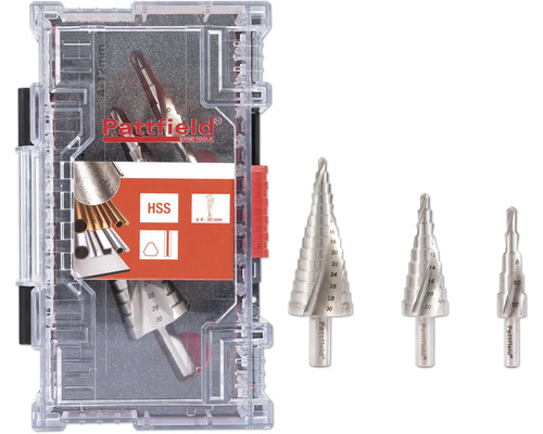 Set burghie în trepte Pattfield 4-30mm, 3 piese Set burghie conice Pattfield cu carcasă din plastic transparent