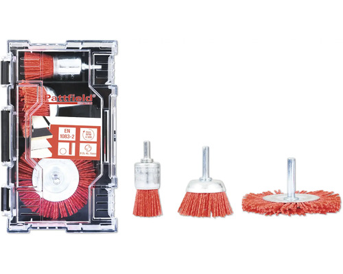Set perii din nailon Pattfield, 3 buc. Set perii de sârmă Pattfield pentru mașini de găurit, incluzând trei forme de perie într-o cutie de depozitare