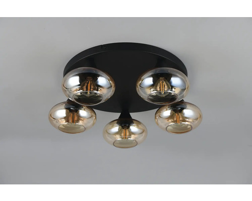 Plafonieră cu cinci becuri și abajururi rotunde din sticlă