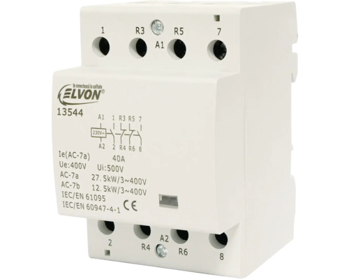 Contactor pe șină DIN Elvon 3P/40A 230V AC 2NO+2NC Contactor Elvon Contactor instalație cu conexiune prin șuruburi