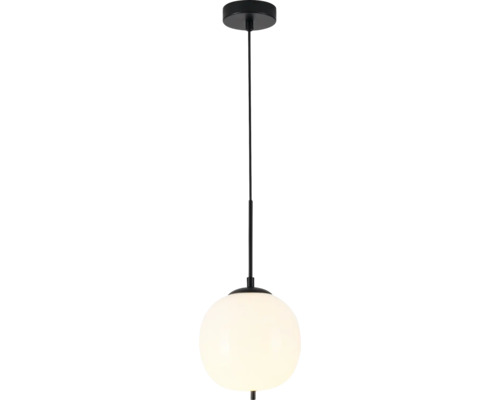Lampa suspendată cu glob rotund din sticlă albă și suspensie neagră