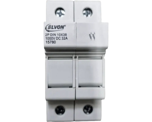 Separator cu sertare Elvon 2P DIN 10x38 1000V DC 32 A Siglă Elvon, suport pentru siguranțe cu 2 poli, DIN 10x38, 1000V DC 32A