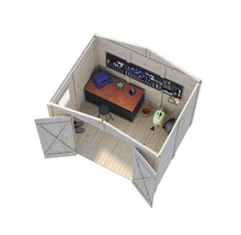 Imagine de interior a unei căsuțe de grădină din lemn cu banc de lucru și unelte