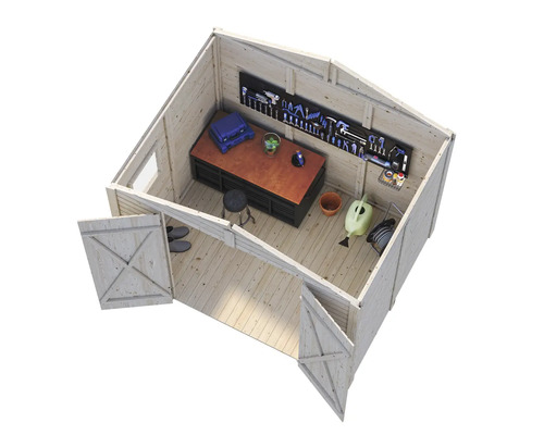 Imagine de interior a unei căsuțe de grădină din lemn cu banc de lucru și unelte