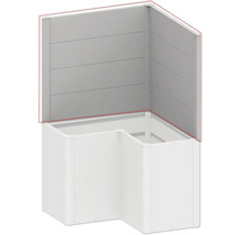 Cabină de duș pe colț cu cădițe albe și panouri gri