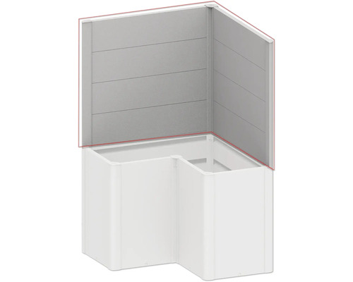 Cabină de duș pe colț cu cădițe albe și panouri gri