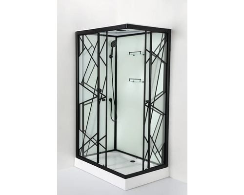 Cabină de duș completă cu cadru negru și modele geometrice