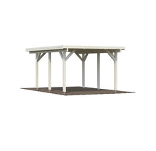 Copertină auto din lemn cu acoperiș plat și șase stâlpi