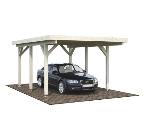 Mașină sub un carport din lemn