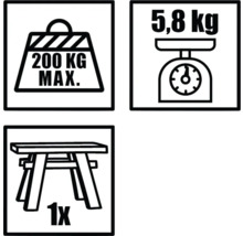 Simboluri care arată o sarcină maximă de 200 de kilograme, o greutate de 5,8 kilograme și un taburet