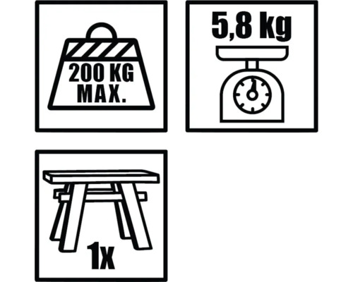 Simboluri care arată o sarcină maximă de 200 de kilograme, o greutate de 5,8 kilograme și un taburet