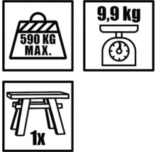 Simboluri pentru sarcină maximă 590 kilograme, greutate 9,9 kilograme și o bucată