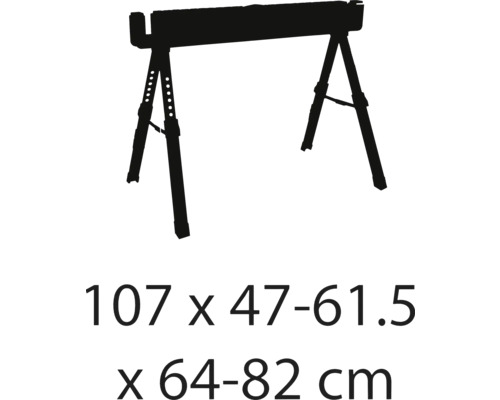 Doi capre de lucru reglabile pe înălțime cu dimensiunile 107 x 47-61,5 x 64-82 cm.