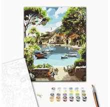 Set pictură după numere cu motiv de coastă, vopsele și pensule