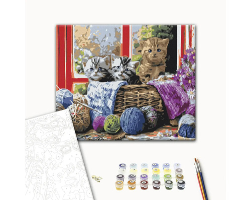 Pictură pe numere Kittens In A Basket 40x50 cm Set de pictură după numere cu motiv cu pisici, culori și pensule