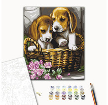 Set de pictură după numere cu motiv de câini, culori și pensule