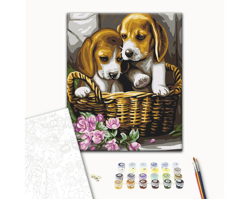 Set de pictură după numere cu motiv de câini, culori și pensule