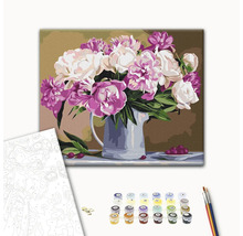 Pictură după numere Natură statică cu buchet de flori într-un ulcior, vopsele și pensule