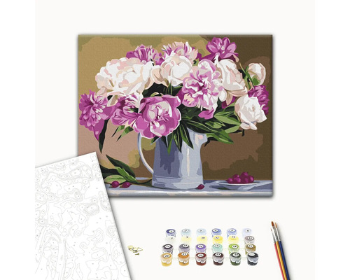 Pictură după numere Natură statică cu buchet de flori într-un ulcior, vopsele și pensule