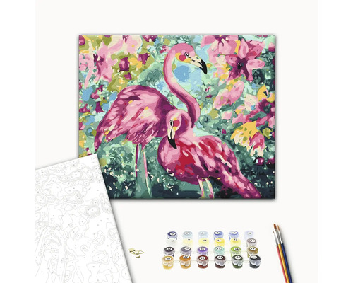 Set pictură pe numere cu motiv flamingo, culori și pensule