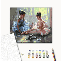 Set de pictură după numere cu un tablou cu două balerine, culori și pensule