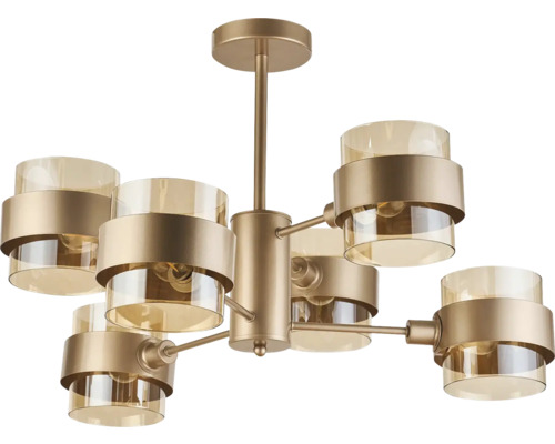 Lumină de tavan cu șase brațe de iluminat și abajururi cilindrice din sticlă.
