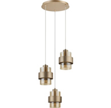 Lumină suspendată cu trei becuri din metal și sticlă