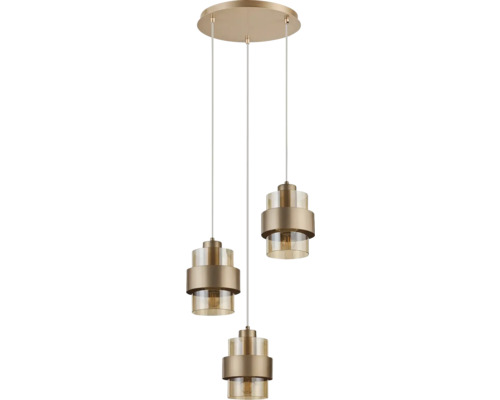 Lumină suspendată cu trei becuri din metal și sticlă
