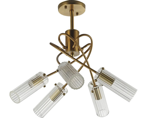 Lumină de plafon cu cinci becuri și abajururi din sticlă canelată