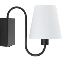 Lumină de perete neagră cu abajur alb.