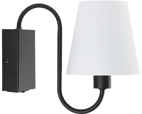 Lumină de perete neagră cu abajur alb.