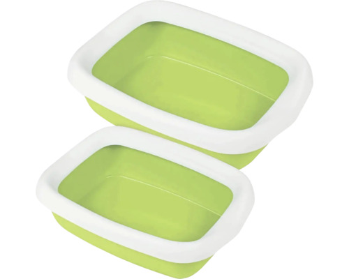 Două toalete verzi pentru pisici cu margine albă